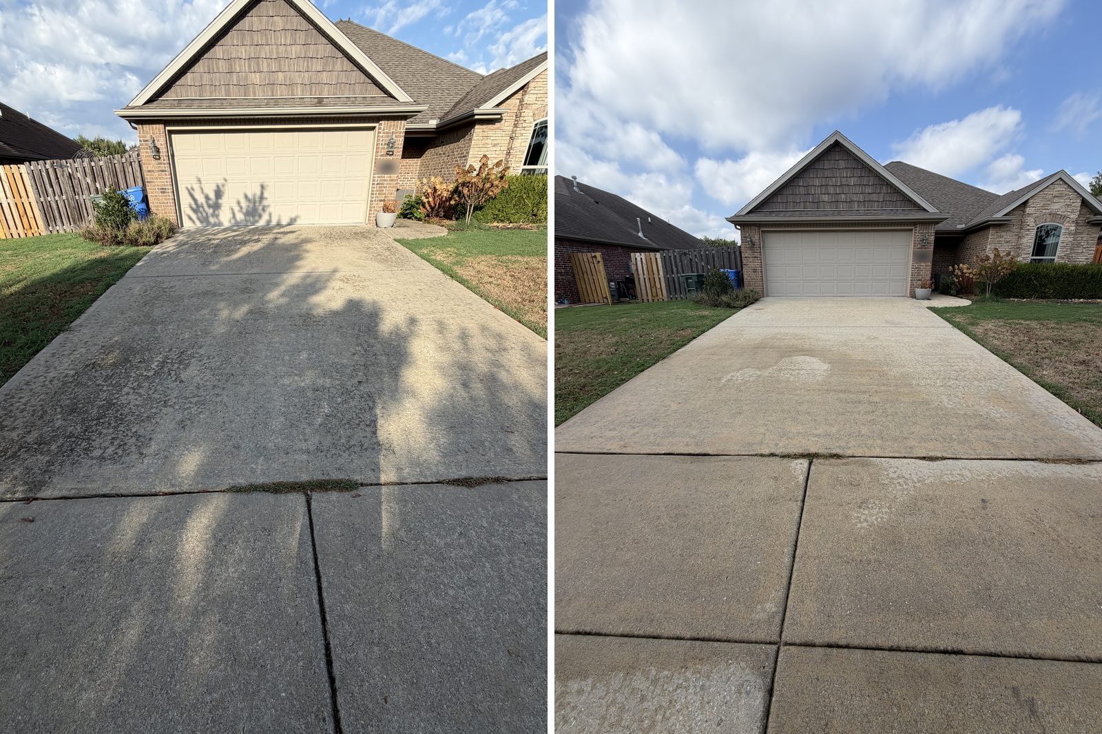 A driveway before and after a Wash It Wash It pressure wash in Fayetteville