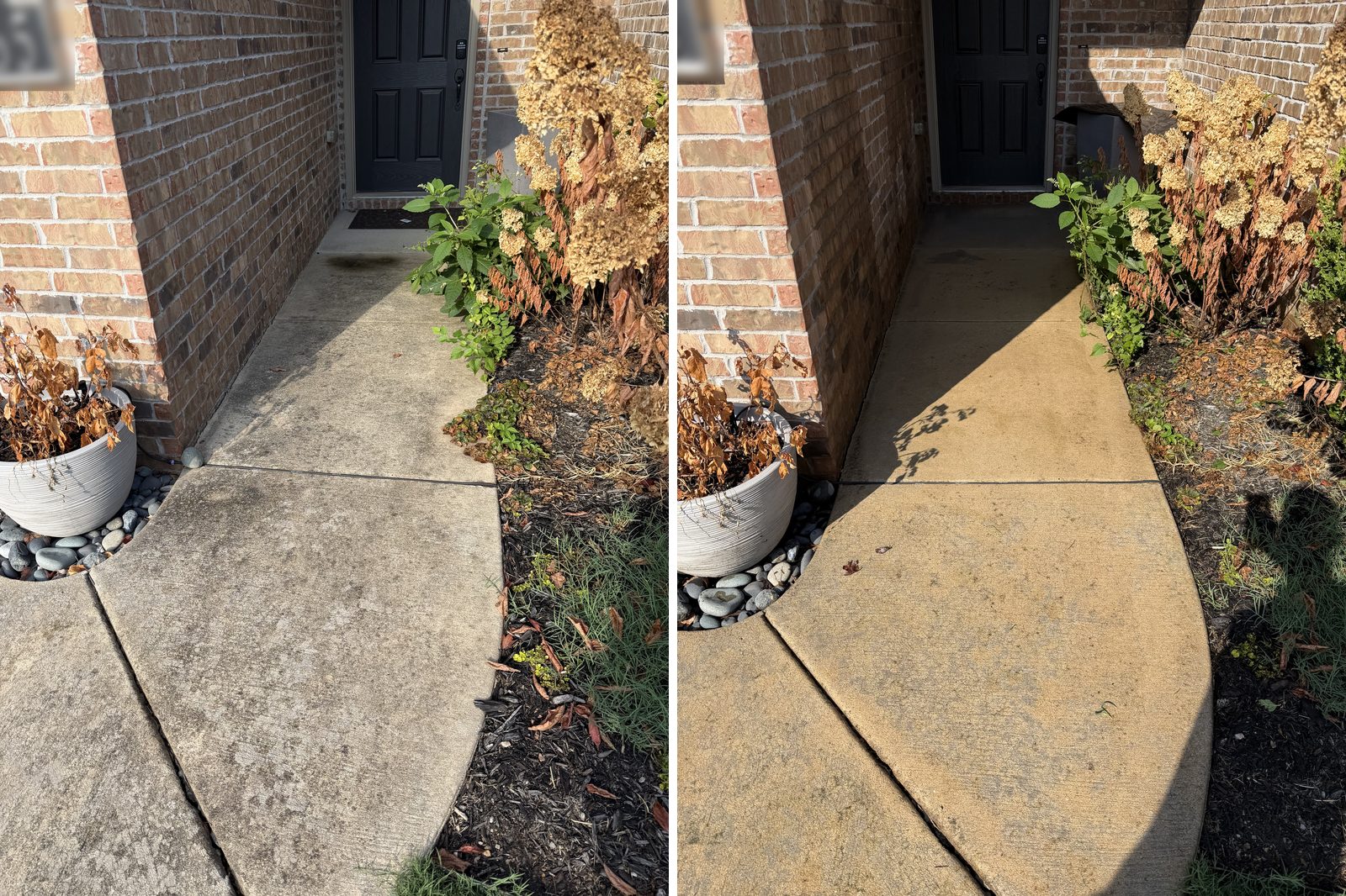 A front walkway before and after a Wash It Wash It pressure wash in Fayetteville